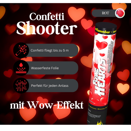 Confetti Shooter 30 cm, Herzen rot